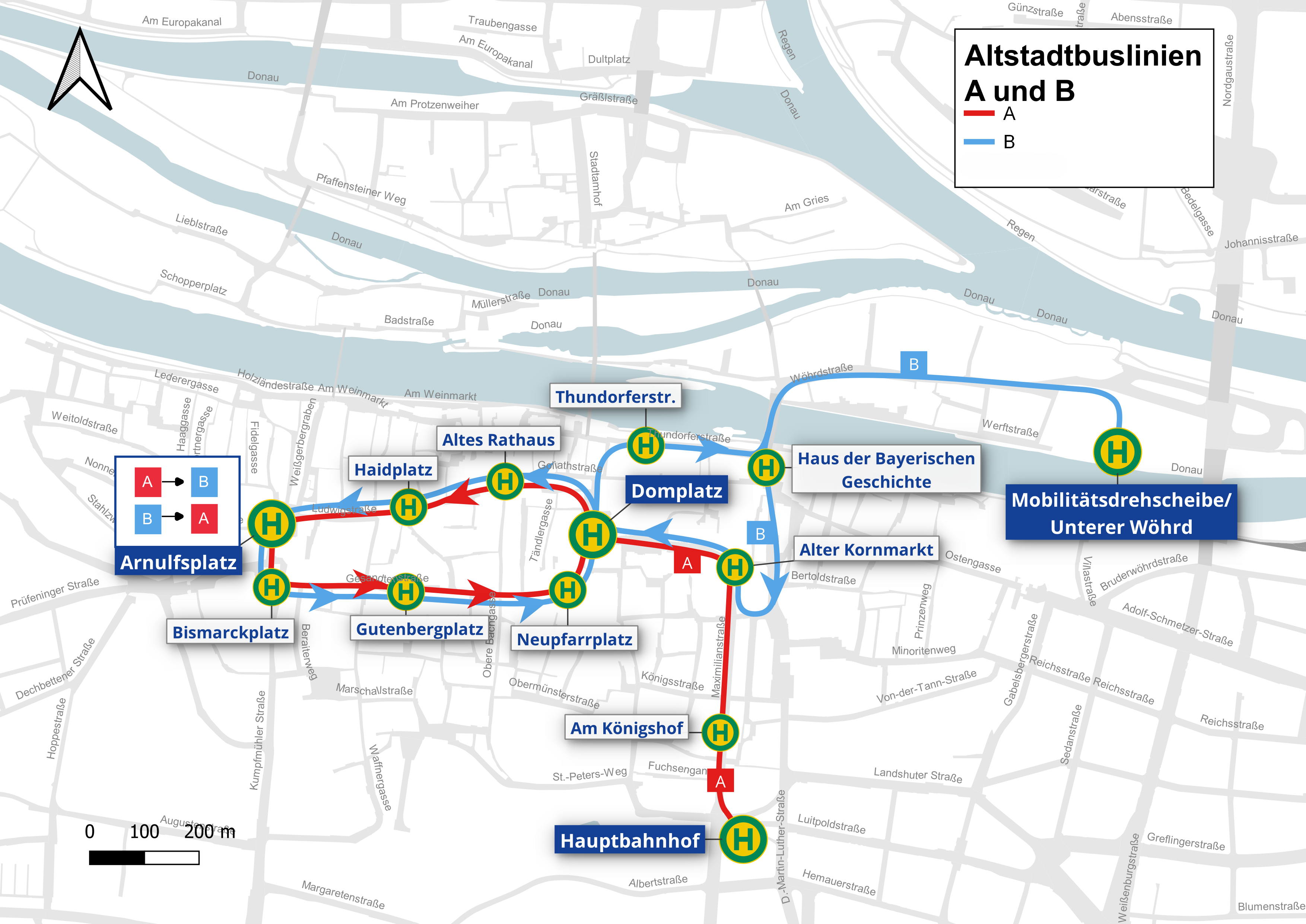 Linienplan des kostenlosen Altstadtbusses Emil in Regensburg mit Ausstieg Gutenbergplatz oder Bismarckplatz