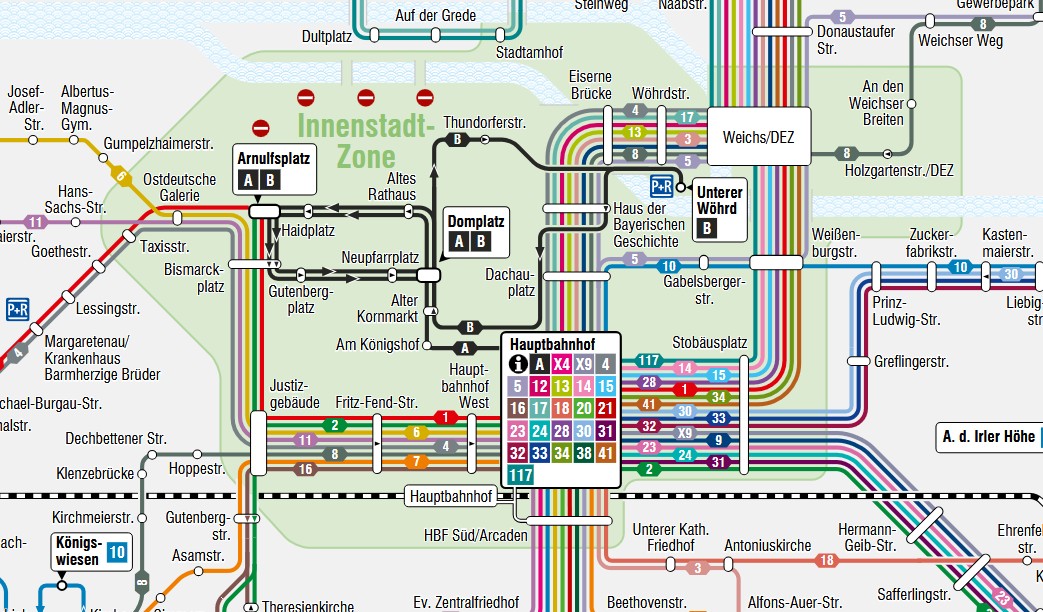 Liniennetzplan der RVV-Stadtbusse in Regensburg mit Haltestelle Bismarckplatz