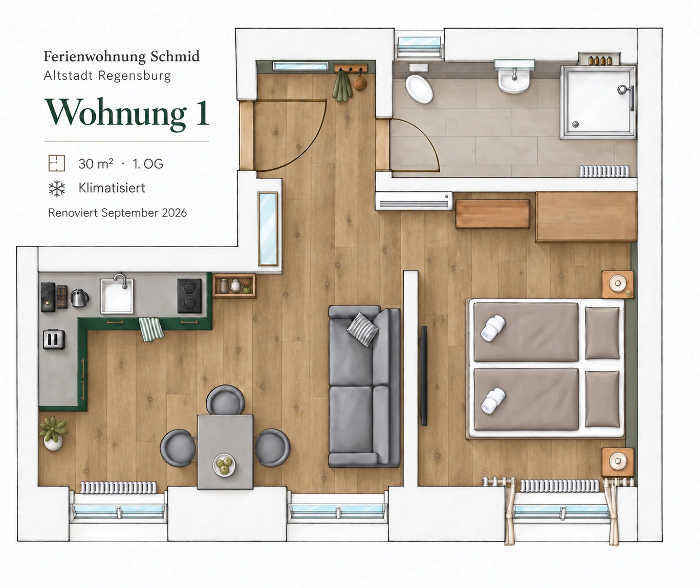 Grundriss der Wohnung 1: Küchenzeile, Wohn- und Essbereich, abgetrennter Schlafbereich und Bad mit Dusche